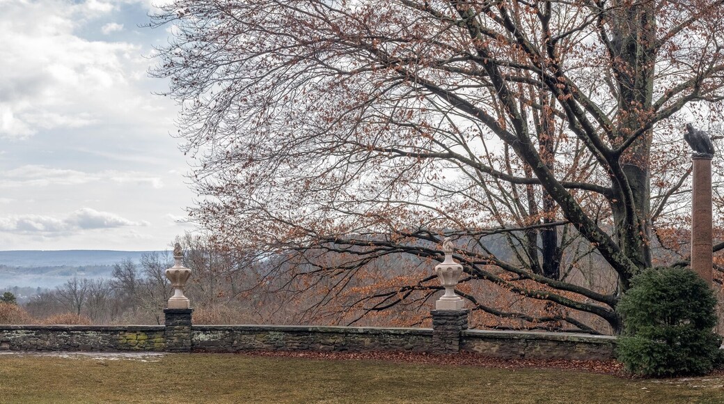 Panoramic view from a landscaped terrace at Grey Towers National Historic Site in Milford, Pennsylvania, looking southwest toward New Jersey on a mild winter day