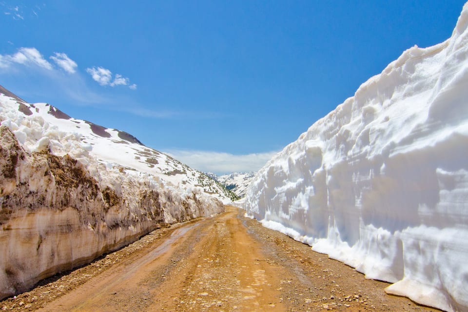 Une route enneigée bordée de congères.