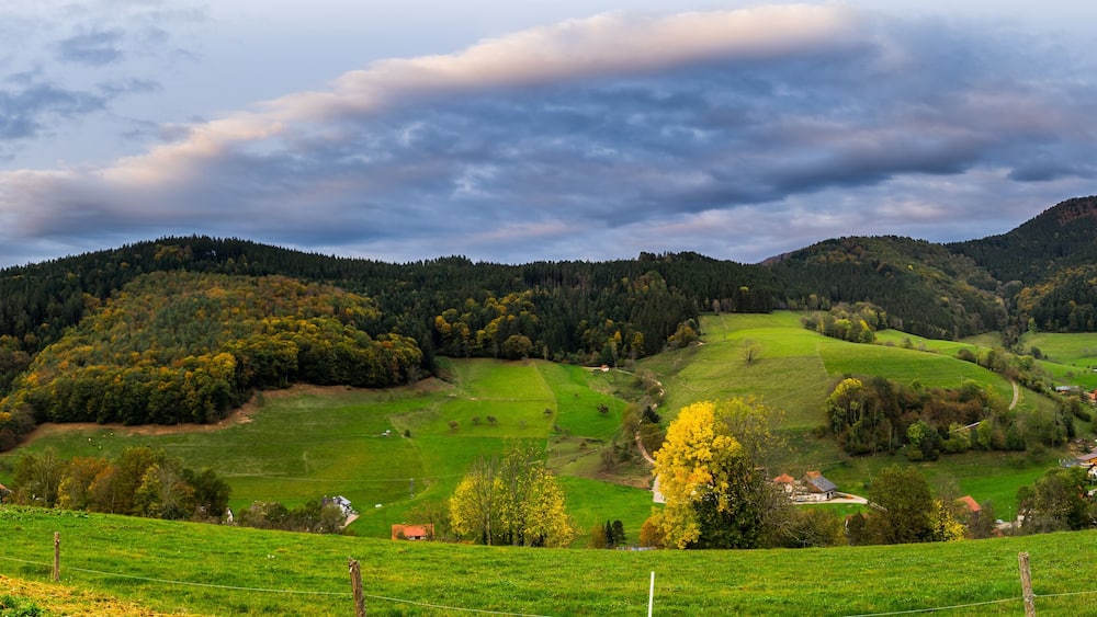 A lush green valley with rolling hills, scattered trees, and a small village with red-roofed houses.