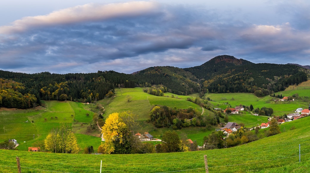 Germany, XXL panorama of black forest village elzach houses and church in idyllic valley surrounded by colorful nature landscape in autumn season at sunset