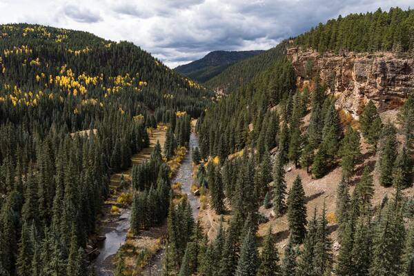 The Historical North Piedra Stock Driveway Trail is next to the Piedra River. Early autumn colors and dramatic vistas await the visitors too Colorado.