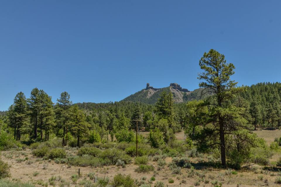 A mountainous landscape with a prominent rock formation in the distance, surrounded by dense forests of pine trees.