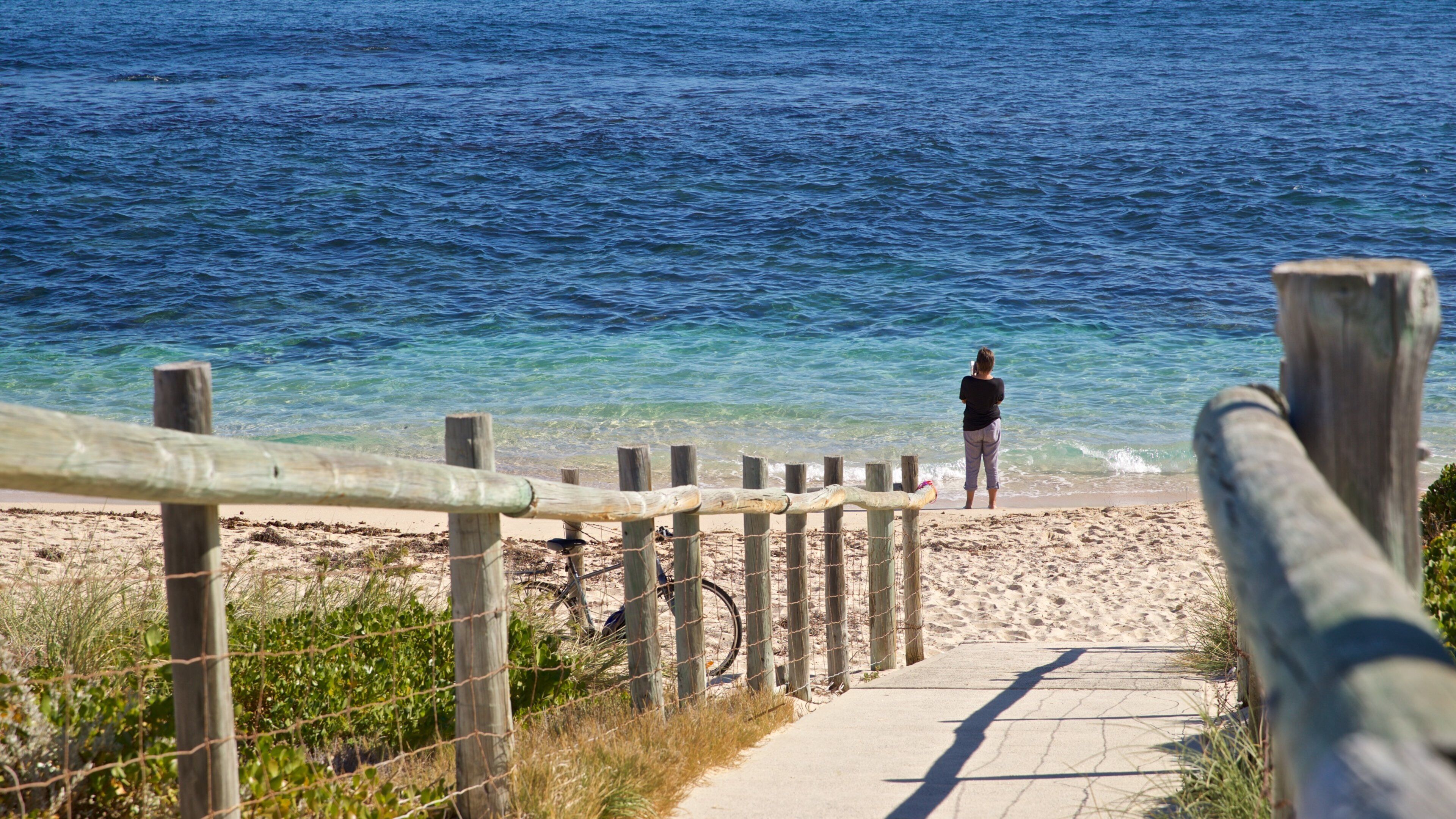 Trigg Beach showing general coastal views and a beach as well as an individual male