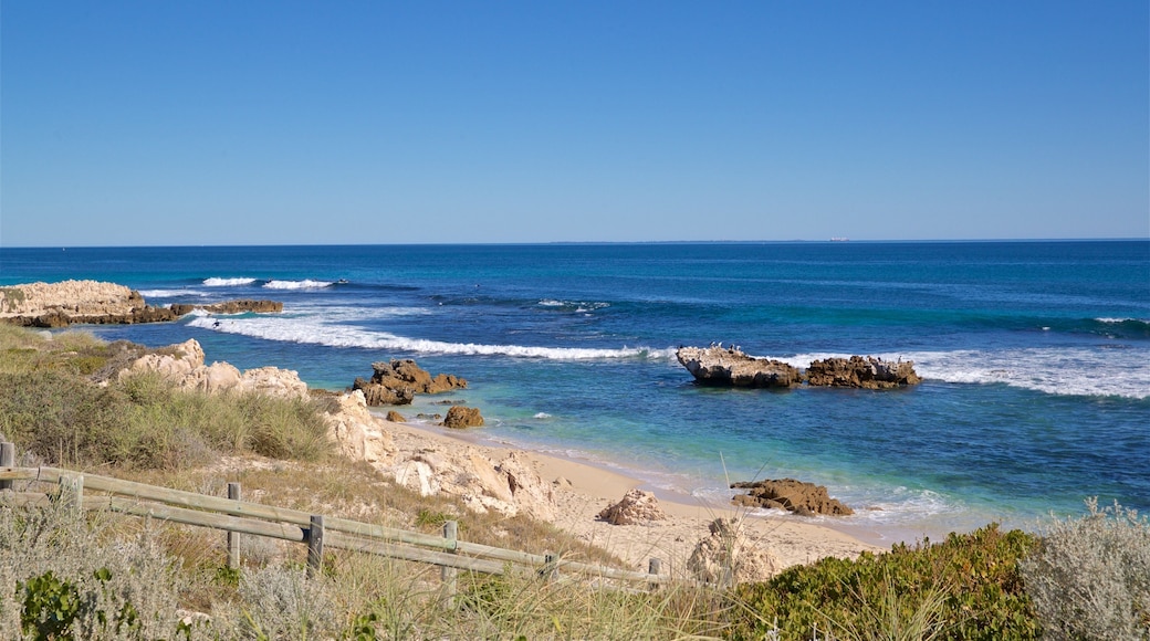 Trigg Beach which includes rugged coastline, landscape views and general coastal views