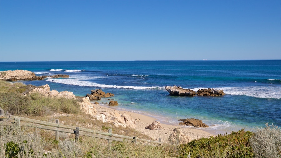 Trigg Beach which includes rugged coastline, landscape views and general coastal views