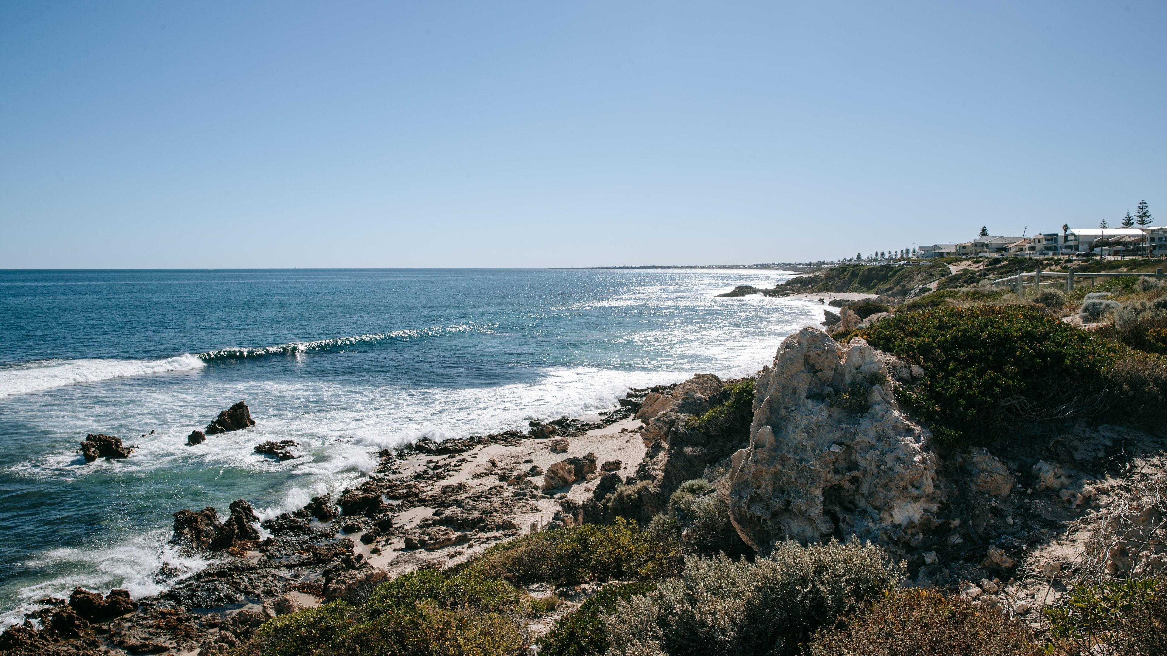 Trigg Beach showing landscape views, general coastal views and rocky coastline