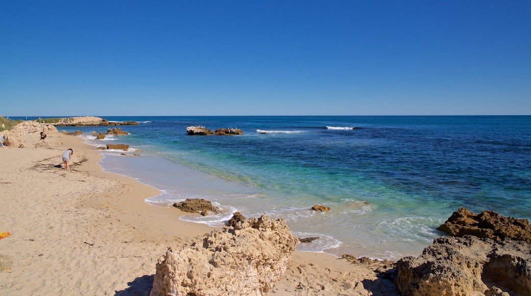 Trigg Beach showing rugged coastline, a sandy beach and general coastal views