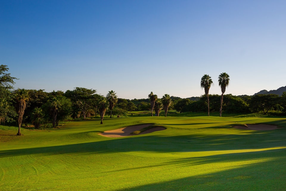 Un parcours de golf avec des bunkers de sable, des palmiers et un ciel d’un bleu éclatant.