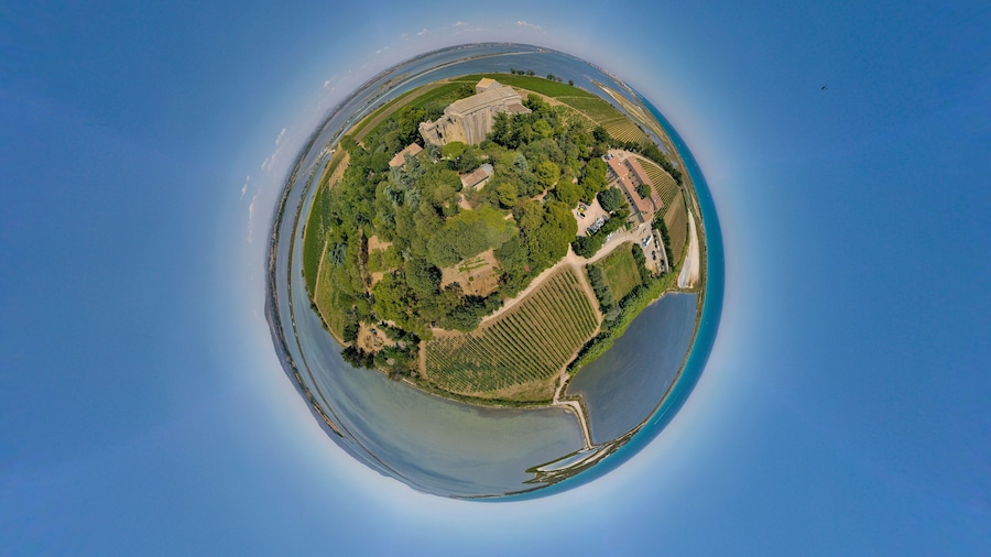 An aerial view of a coastal area with vineyards, a large building, and a beach.