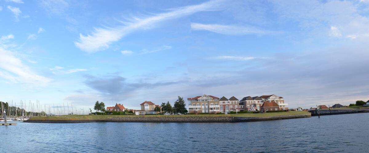 A waterfront with a row of houses and a marina with sailboats.