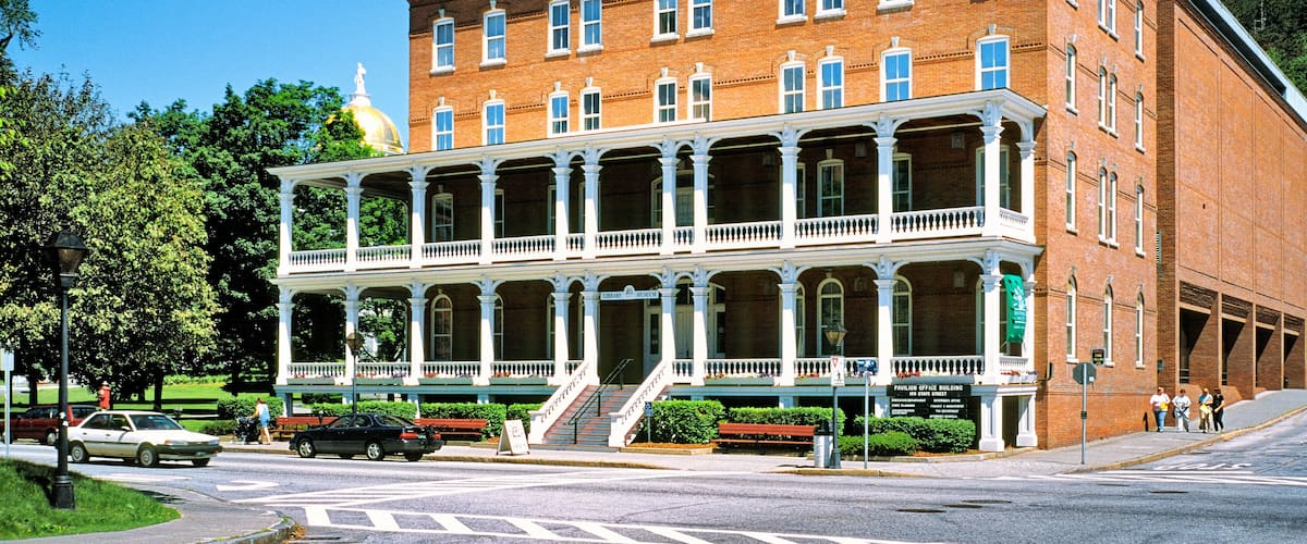 The Pavilion Building beside the State Capitol Building in the of the town centre center of Montpelier, Vermont, USA