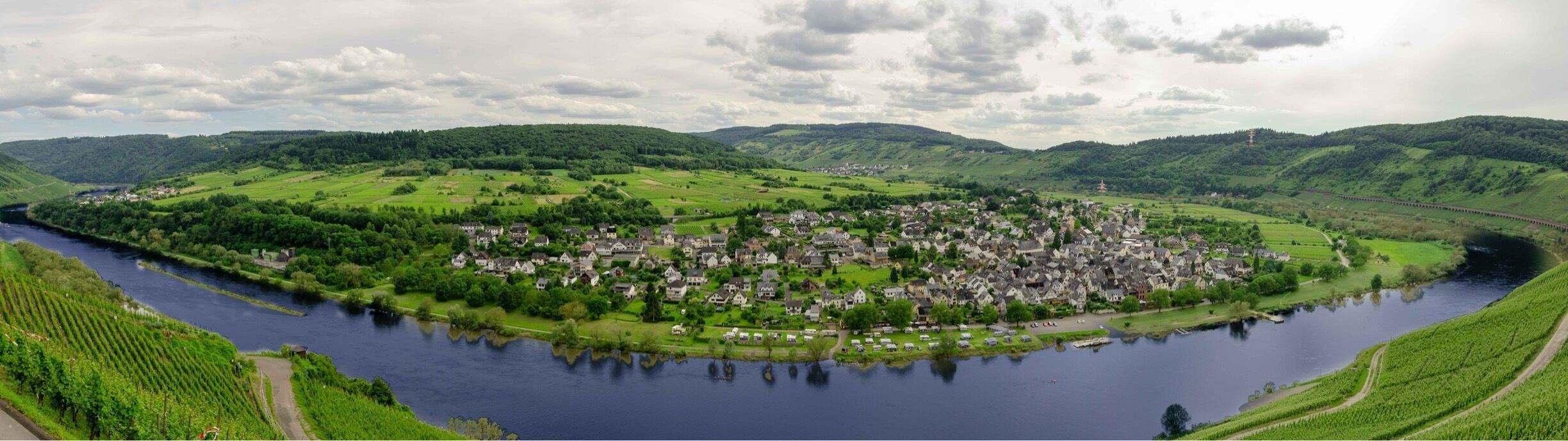 Villages along Mosel River in Germany.  Photo was taken from Marienburg lookout, which is a perfect place to capture one of the many bends of the river, along which world famous Riesling grapes of the highest quality are grown.