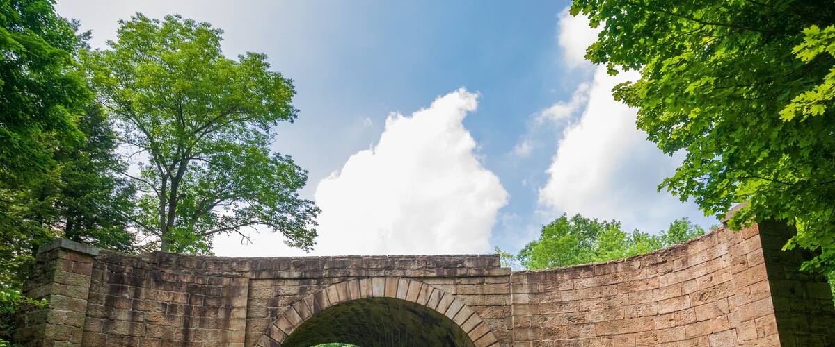 An old stone bridge arching over a grassy field with trees and a clear sky in the background.