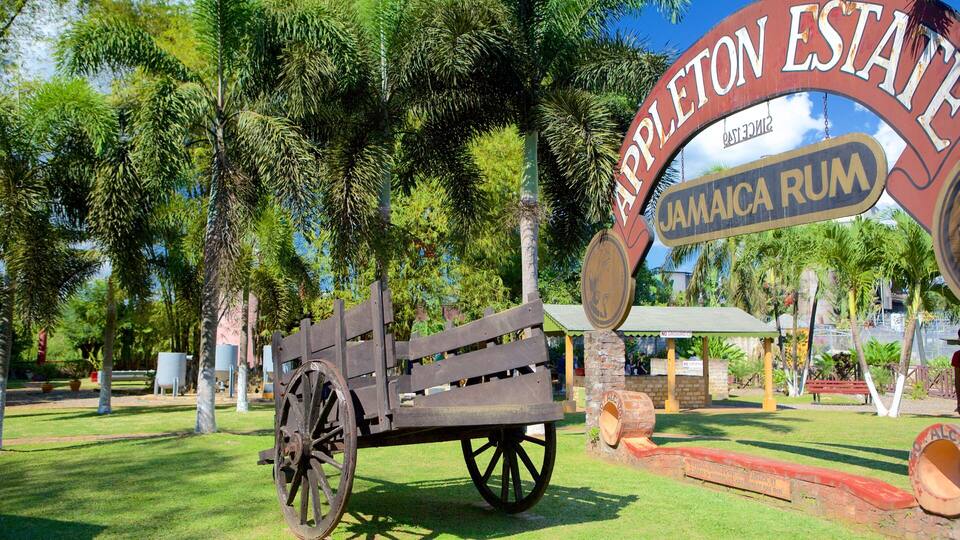 A wooden cannon, a sign for Appleton Estate Jamaica Rum, and a wooden cart.