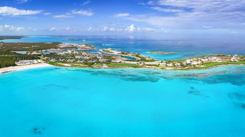 Aerial view of the beautiful Emerald Bay at Great Exuma island, The Bahamas, Caribbean Sea