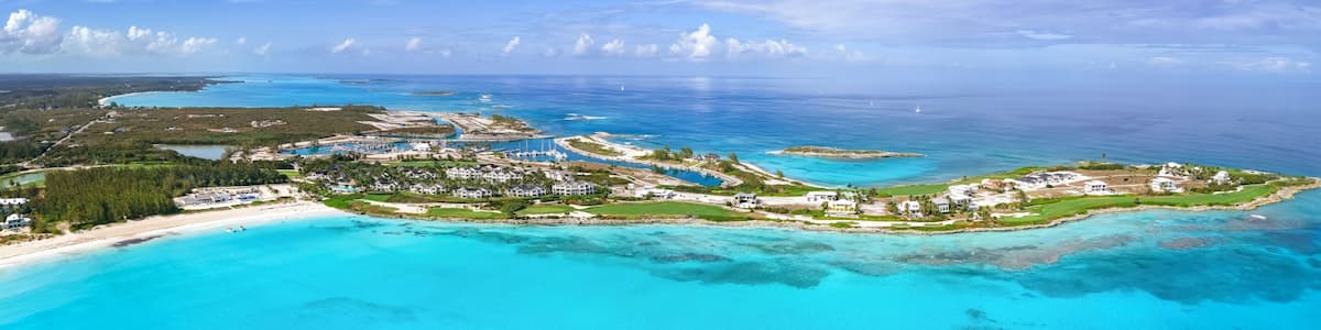 Aerial view of the beautiful Emerald Bay at Great Exuma island, The Bahamas, Caribbean Sea