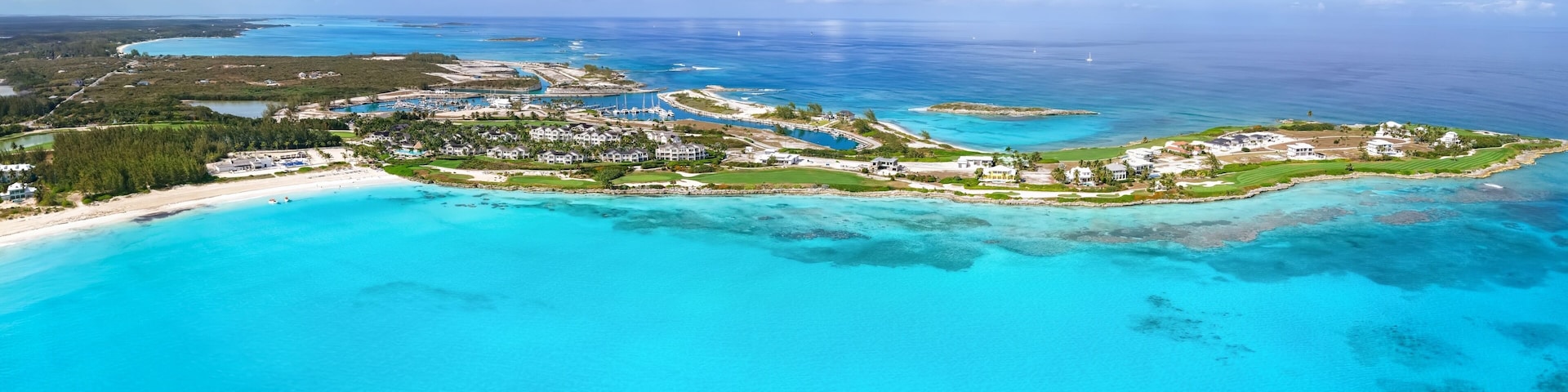 Aerial view of the beautiful Emerald Bay at Great Exuma island, The Bahamas, Caribbean Sea