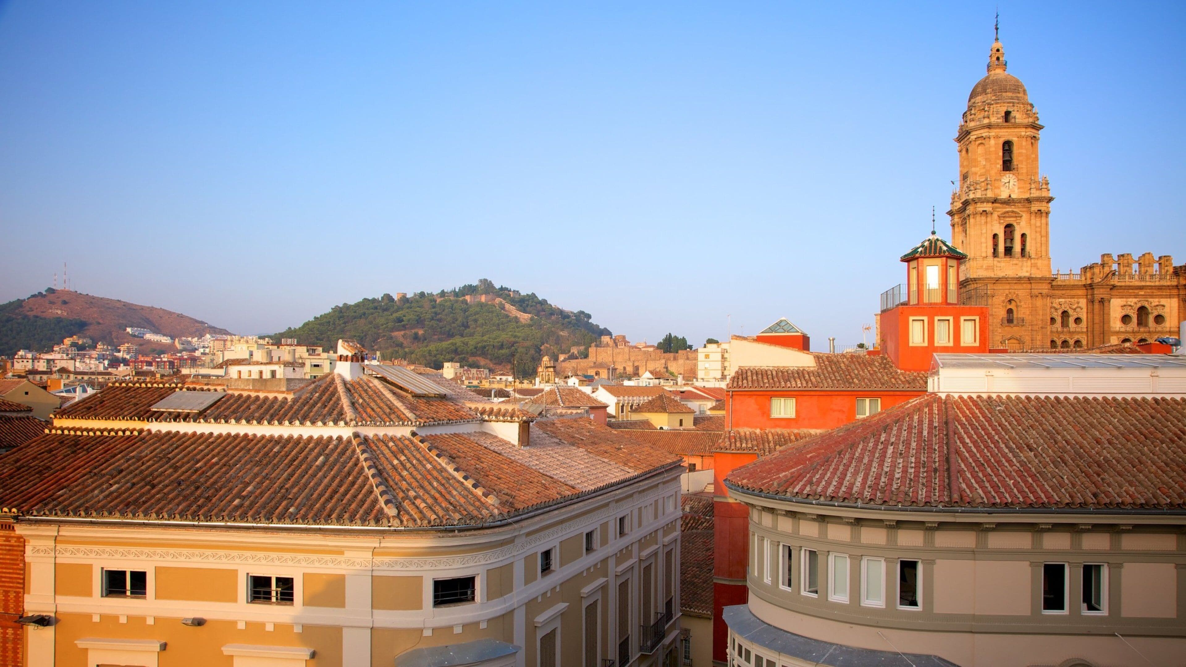 A cityscape with historic buildings, a prominent church tower, and a hill in the background.