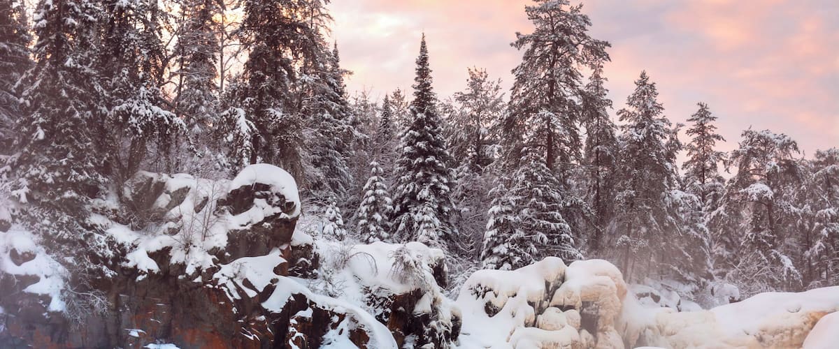 A snowy waterfall surrounded by trees.