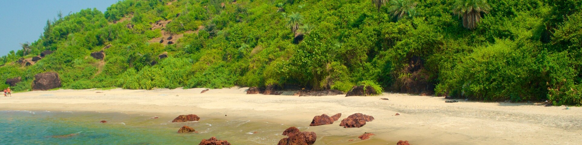 A beach with clear turquoise water, sandy shore, and a hill covered with dense green vegetation.