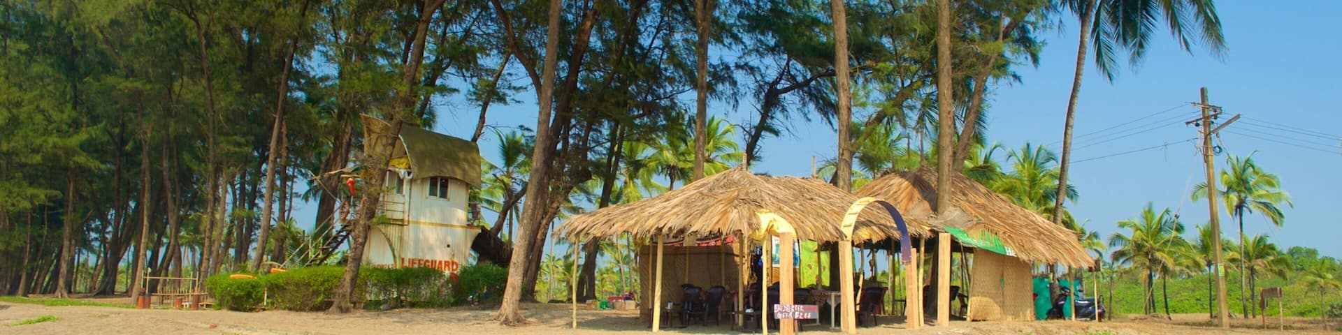 Querim Beach showing a sandy beach, a small town or village and tropical scenes