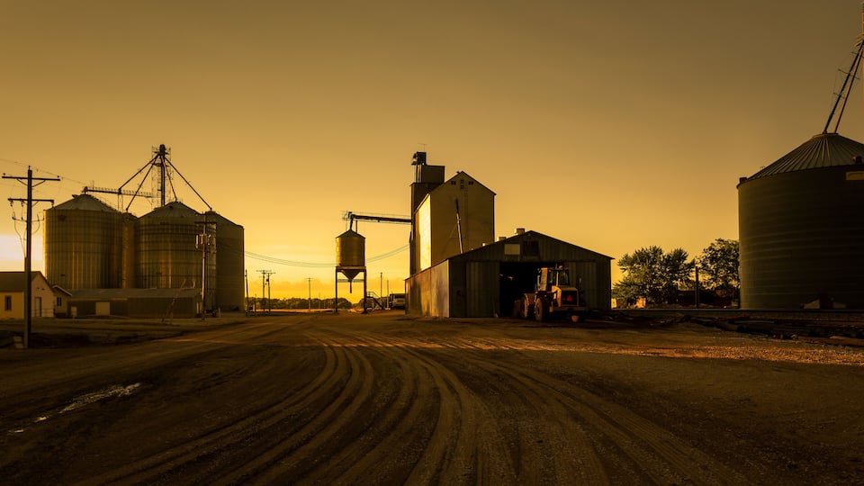 A rural landscape with a dirt road, grain silos, and a silo with a crane.