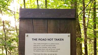 The Robert Frost Interpretive Trail is about 1.2 miles long-.3 miles are on a boardwalk, the rest trail. As you weave through swamp, trees, over a stream, through a field, his poems are posted along the way. Benches are located throughout. I went just after sunrise and the field was full of birds.