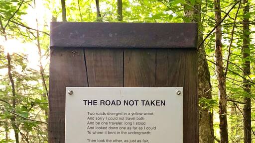 The Robert Frost Interpretive Trail is about 1.2 miles long-.3 miles are on a boardwalk, the rest trail. As you weave through swamp, trees, over a stream, through a field, his poems are posted along the way. Benches are located throughout. I went just after sunrise and the field was full of birds.