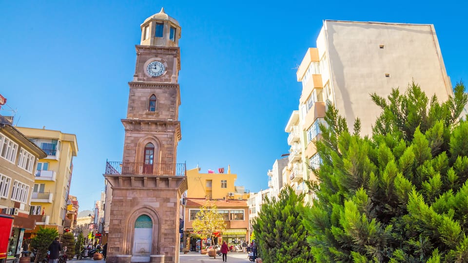A historic clock tower, a tree-lined square, and modern buildings.