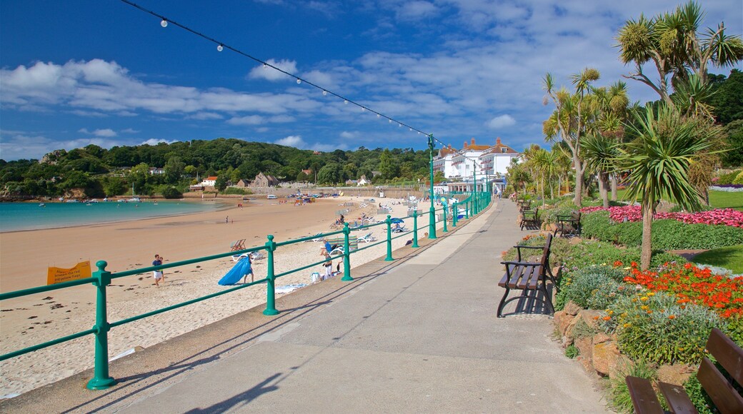 St Brelade\'s Bay Beach showing flowers, general coastal views and a beach