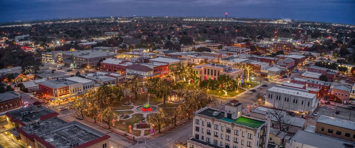 Aerial View of Seguin, Texas at Dusk during the Winter Holiday Season
