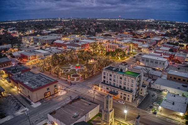 Aerial View of Seguin, Texas at Dusk during the Winter Holiday Season