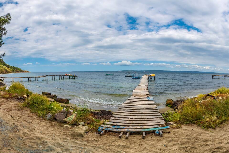A wooden pier leading to a dock, surrounded by sand and vegetation.