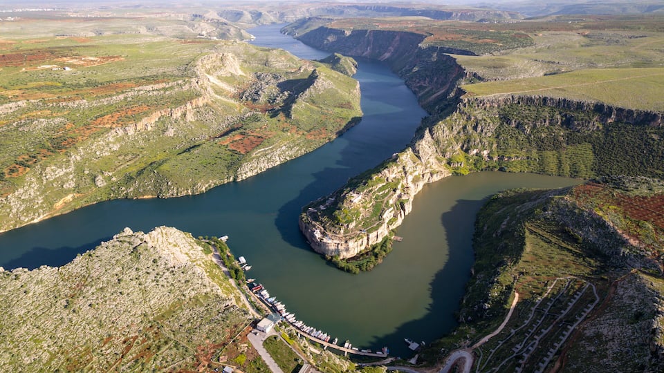 Aerial View of Rumkale Fortress in Springtime 4k video, Gaziantep, Turkey