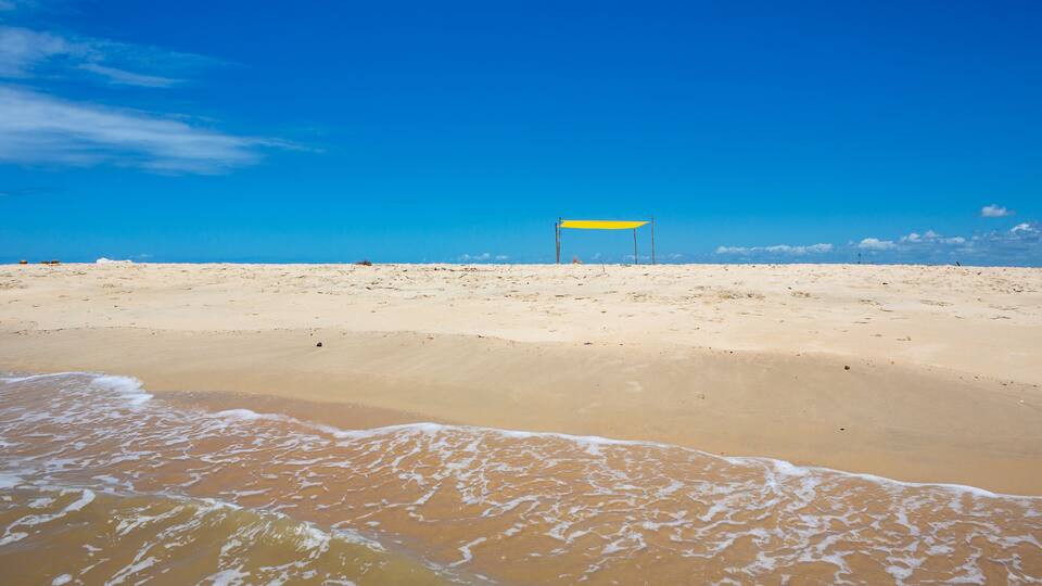 A beach with a yellow umbrella and a clear blue sky.