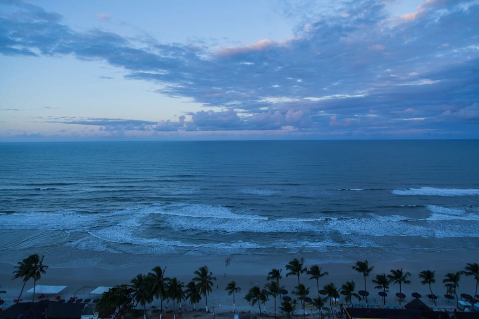 A beach with palm trees and ocean waves at dusk.