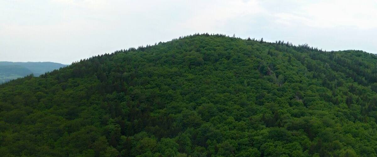 A valley with lush green hills and a nuclear power plant in the distance.
