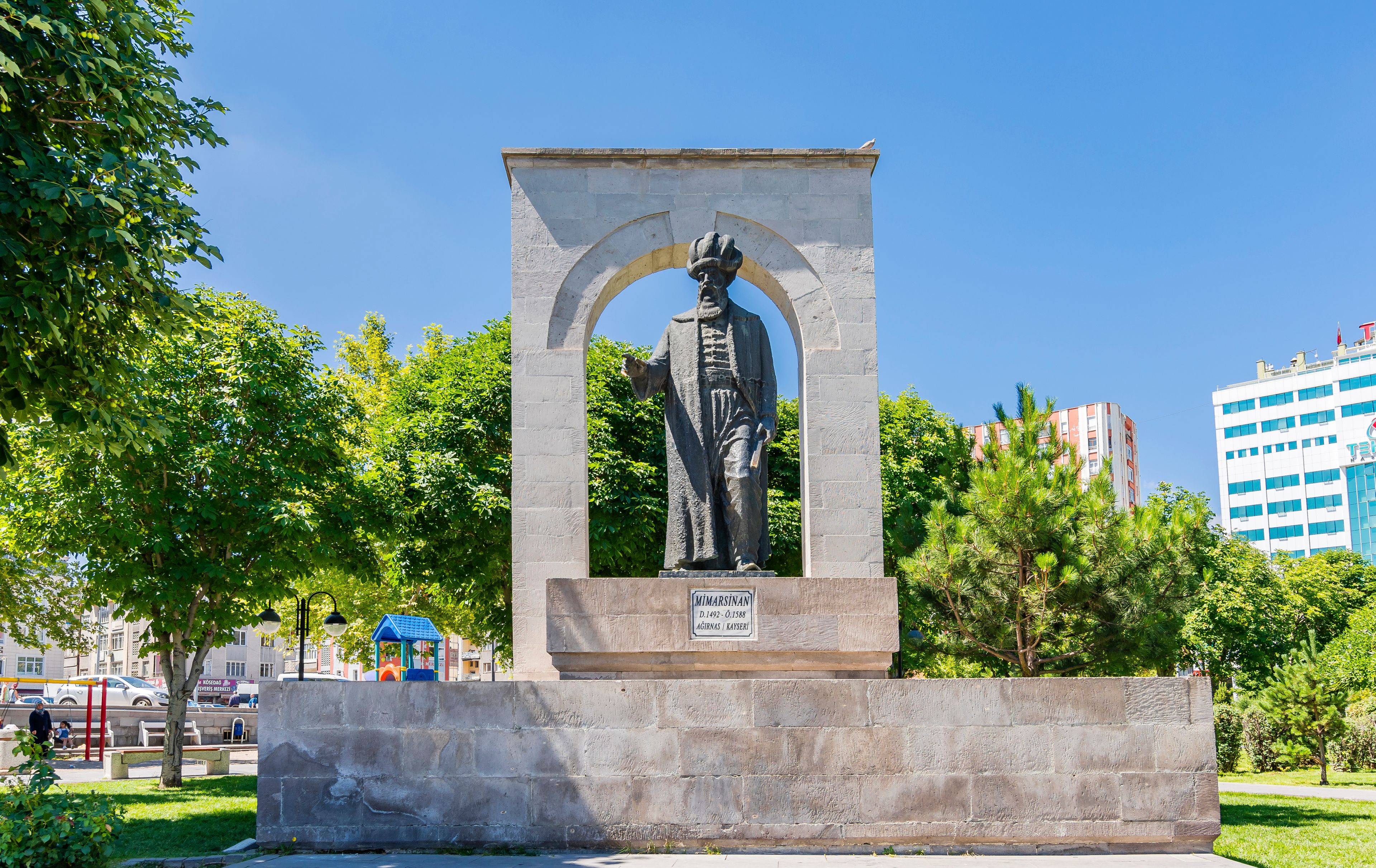 Architecture Mimar Sinan Statue view in Kayseri City of Turkey.