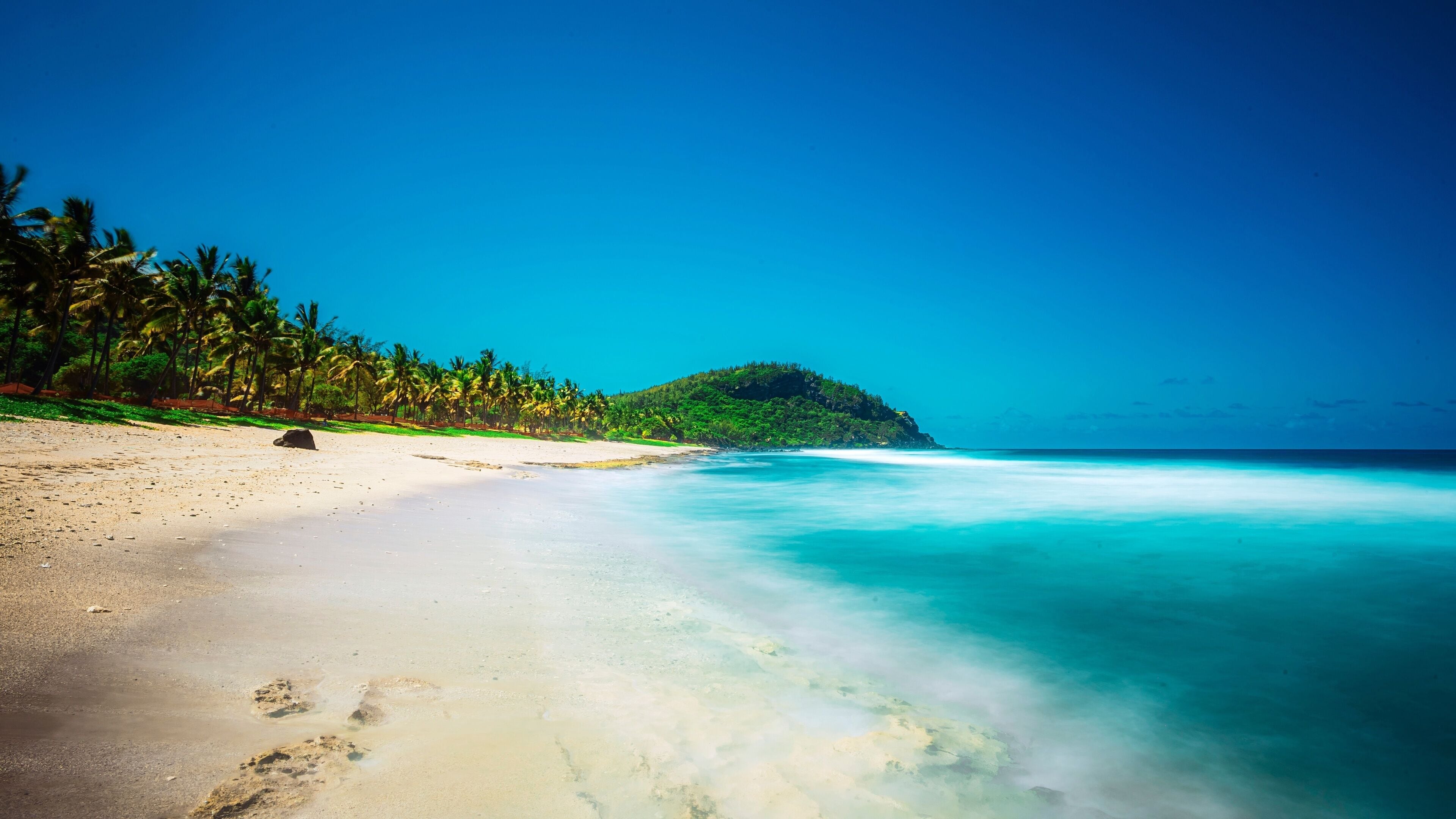 Een strand met wit zand, turquoise water en palmbomen.