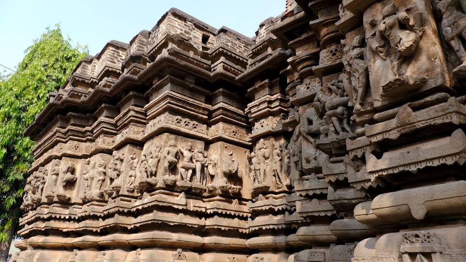 Detailed stone carvings and architectural features of an ancient temple.