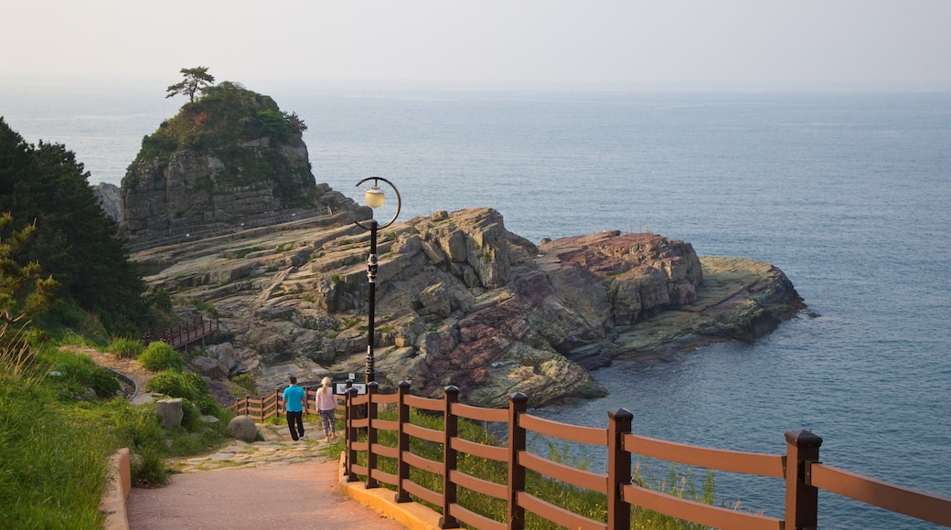 Sinseondae Observatory featuring general coastal views and rocky coastline as well as a couple