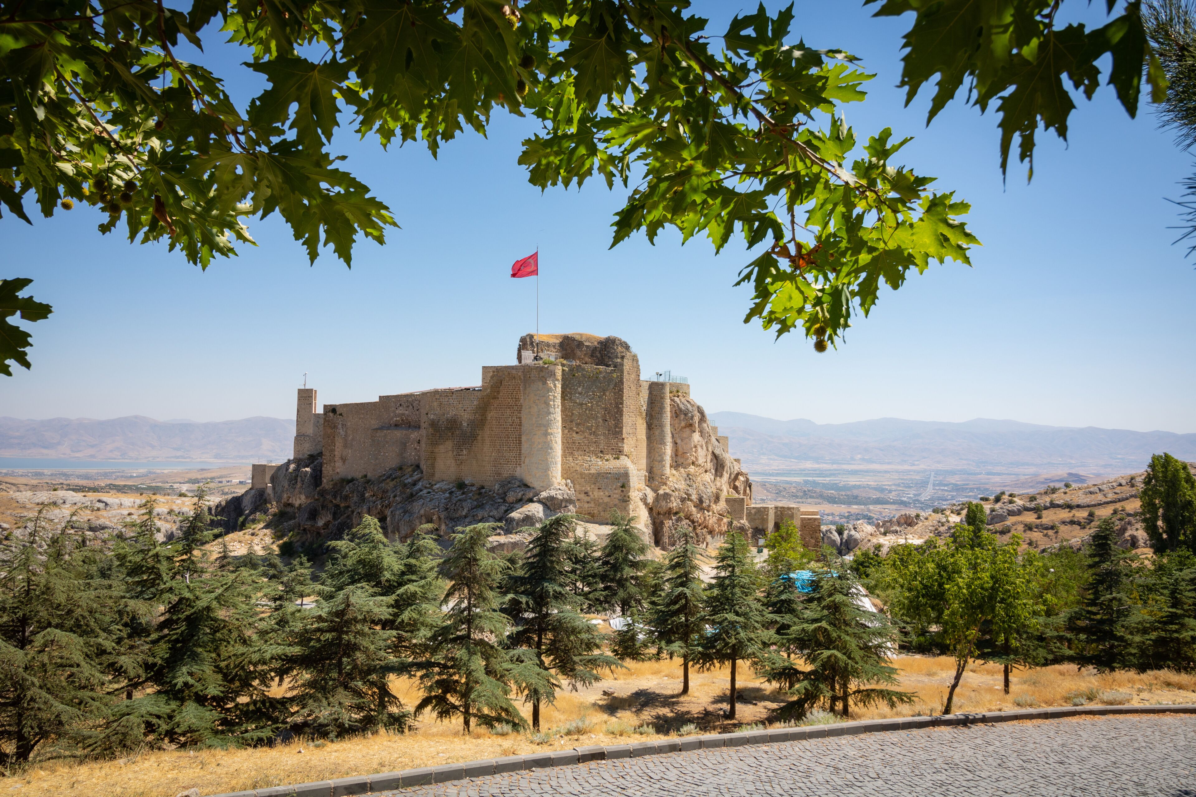 A historic castle on a hill, surrounded by trees and a clear sky.