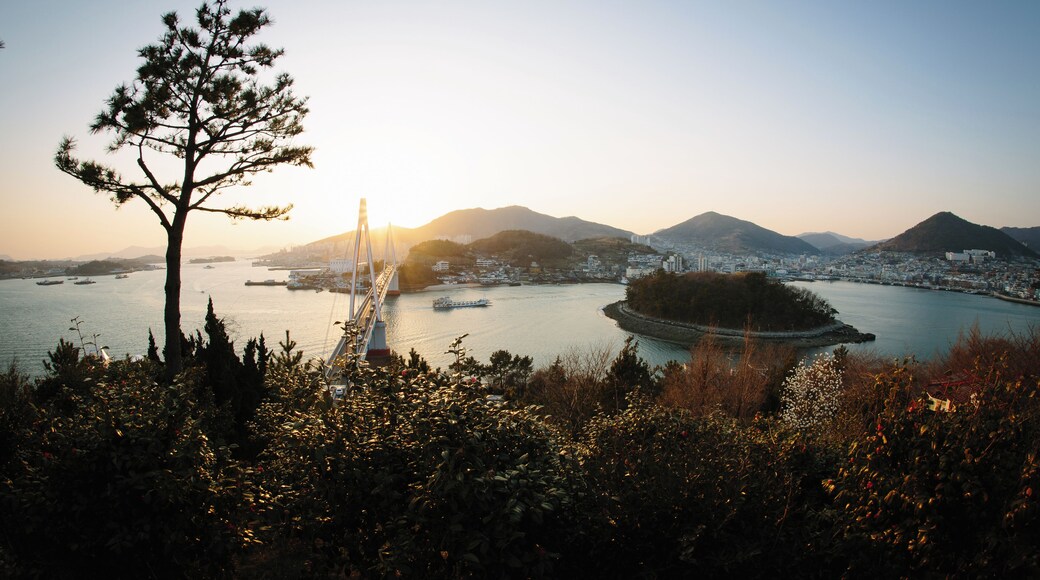 sunsets over Dolsan Bridge, Marine Park, and Janggundo Island. Yeosu, South Korea