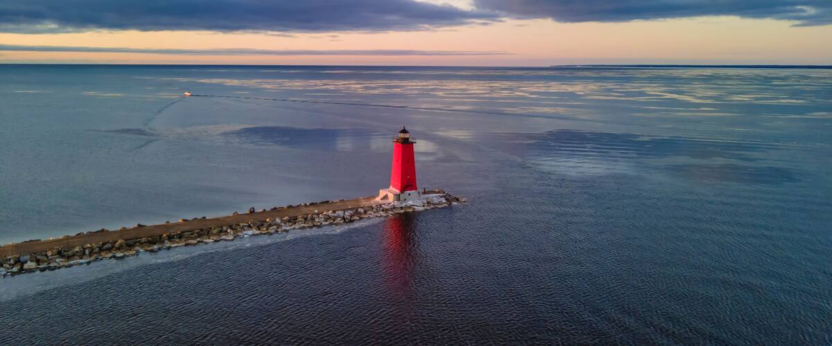 Aerial view of Manistique light house in Michigan Upper Peninsula