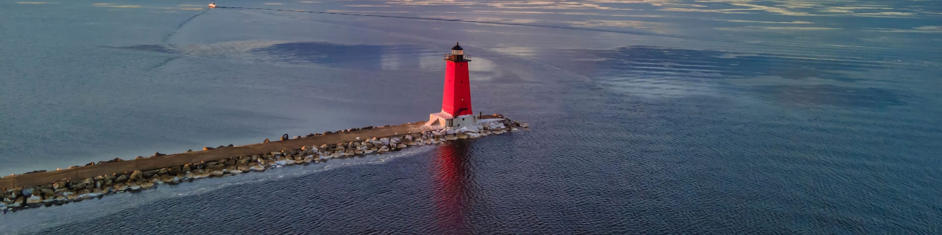Aerial view of Manistique light house in Michigan Upper Peninsula