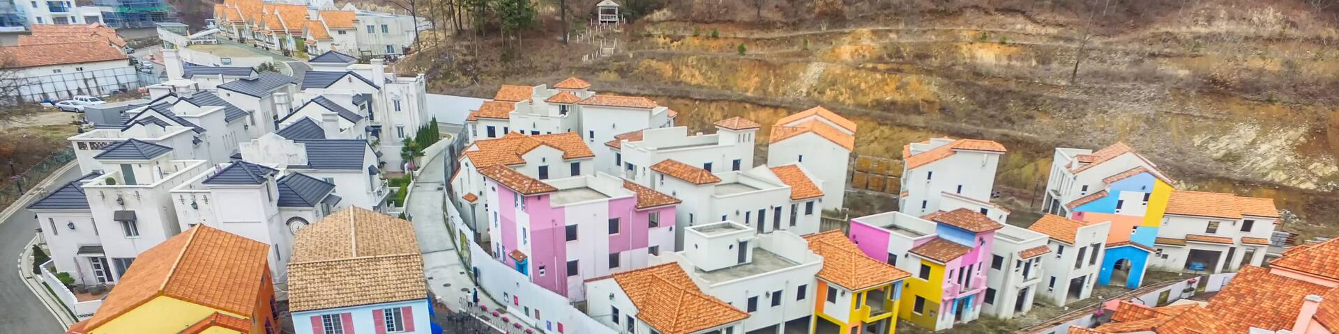Aerial View of Damayng Village and metasequoia Forest, Damyang, Jeonnam, South Korea, Asia