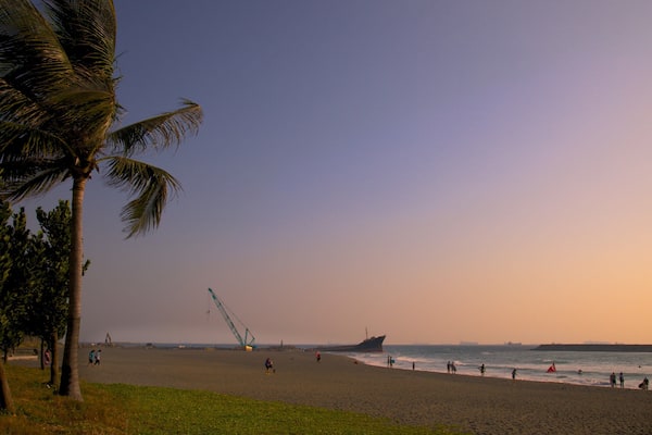 A beach with palm trees, a large ship, and a crane in the distance.