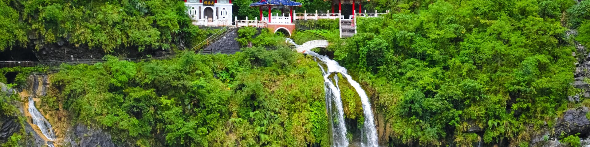 Eternal Spring Shrine, also called Changchun Shrine, landmark and a memorial shrine complex in Taroko National Park in Taiwan. The Shrine is located right above the waterfall streams. Tropical forest