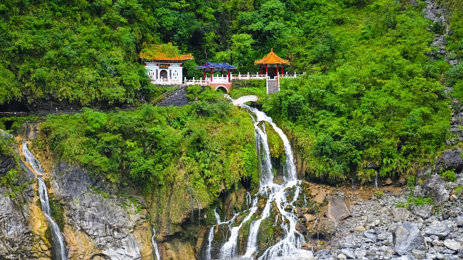 Eternal Spring Shrine, also called Changchun Shrine, landmark and a memorial shrine complex in Taroko National Park in Taiwan. The Shrine is located right above the waterfall streams. Tropical forest