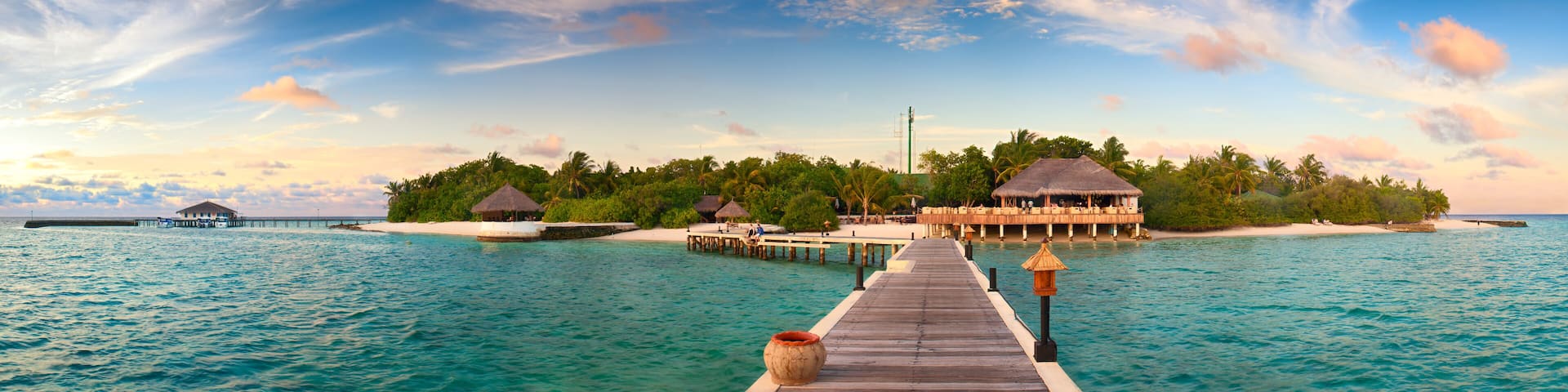Beautiful sunset over ocean island maldives long panorama